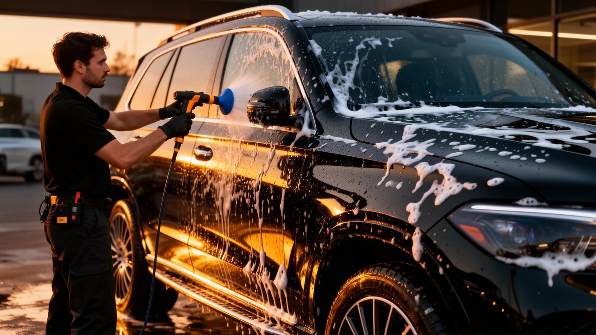 Glossy black car being detailed at dusk